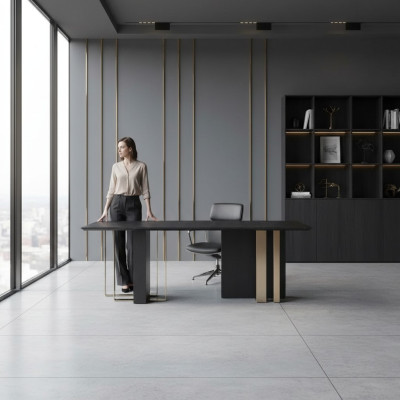 Schwarzer Esstisch Rechteckiger Massivholz Edelstahl Designer TIsch