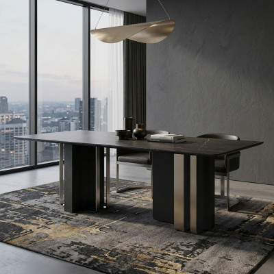 Schwarzer Esstisch Rechteckiger Massivholz Edelstahl Designer TIsch