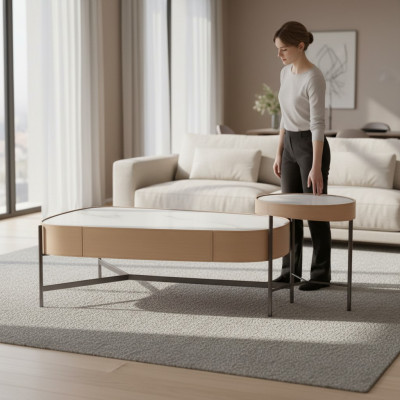Wohnzimmer Set 2x Couchtisch Kaffeetisch beige Modern Luxus Edelstahl