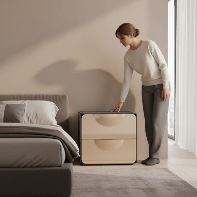 Beiger Nachttisch 2x Schubladen Schlafzimmer Nachtkonsole Holzkonsole