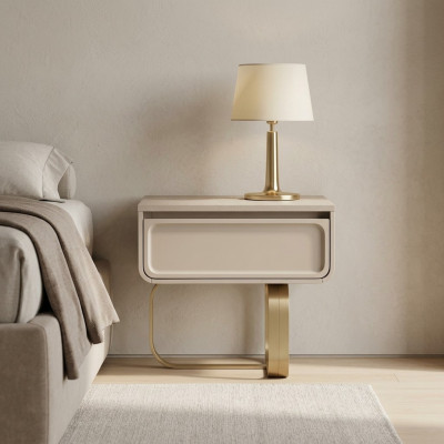 Beiger Nachttisch Schlafzimmer Beistelltisch Edelstahl Holztisch Modern