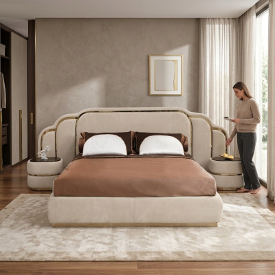 Beige Schlafzimmer Möbel Bett 2x Nachttische Holz Garnitur Luxus Set 3tlg