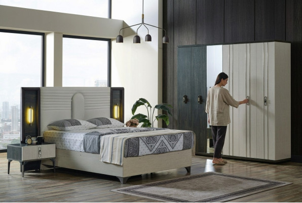 Luxus Schlafzimmer Set 4 tlg. Bett 2x Nachttische Kleiderschrank Beige