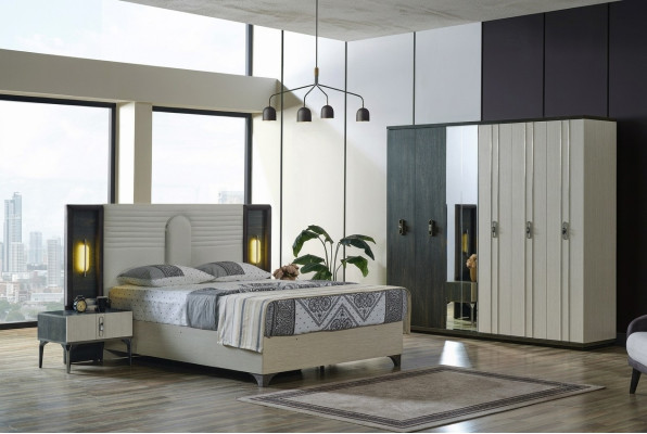 Luxus Schlafzimmer Set 4 tlg. Bett 2x Nachttische Kleiderschrank Beige