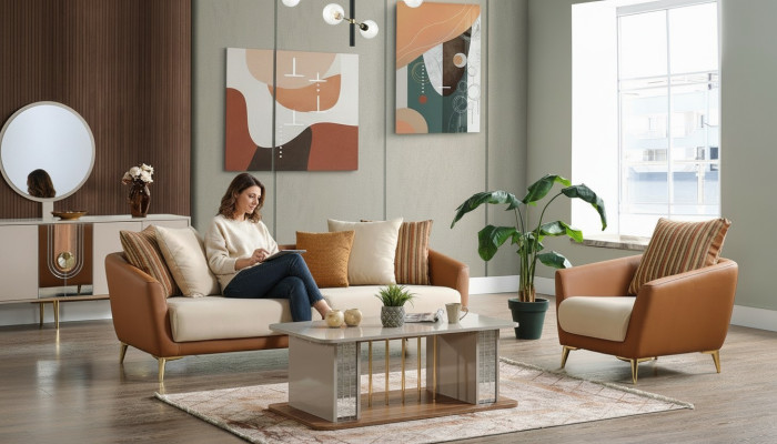 Sofagarnitur 3+1 Sitzer Textil Holz Sofa 3 Sitzer Modern Sessel Komplett Set