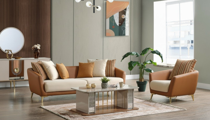 Sofagarnitur 3+1 Sitzer Textil Holz Sofa 3 Sitzer Modern Sessel Komplett Set