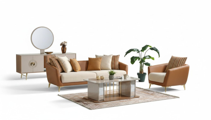 Sofagarnitur 3+1 Sitzer Textil Holz Sofa 3 Sitzer Modern Sessel Komplett Set