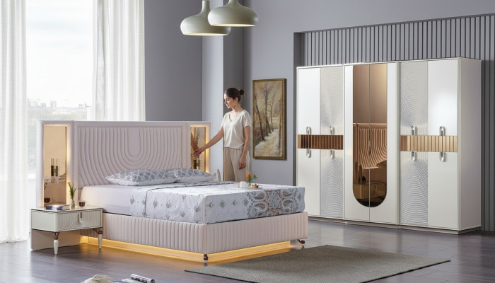 Luxus Schlafzimmer Set Bett 2x Nachttische Schrank Holz Komplettes Modern Neu