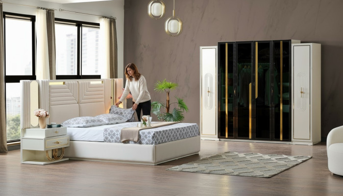 Modern Schlafzimmer Set Bett + 2x Nachttische+Kleiderschrank Design Möbel 4 tlg