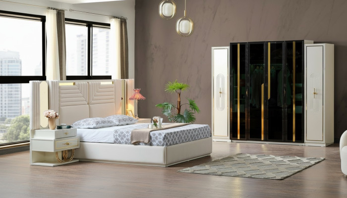 Modern Schlafzimmer Set Bett + 2x Nachttische+Kleiderschrank Design Möbel 4 tlg