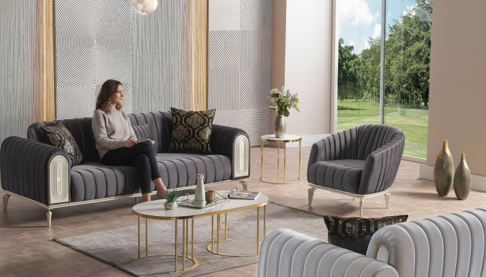 Schickes Möbel Sofagarnitur set 3+1 Couchtisch Sofagarnitur Sofas Sessel Grau
