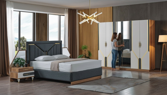 Schlafzimmer Set Bett + 2x Nachttische + Kleiderschrank Design Möbel 4 tlg. Neu