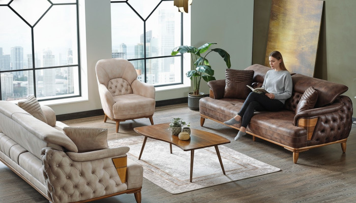 Sofagarnitur 3+3+1 Holz Wohnzimmer Luxus Sofa Chesterfield Stoff Neu Komplett