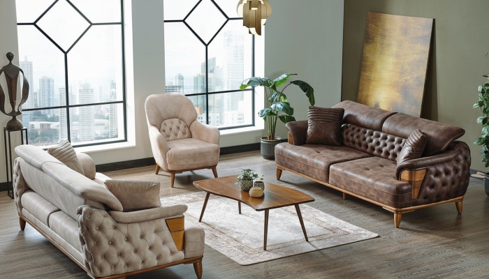 Sofagarnitur 3+3+1 Holz Wohnzimmer Luxus Sofa Chesterfield Stoff Neu Komplett