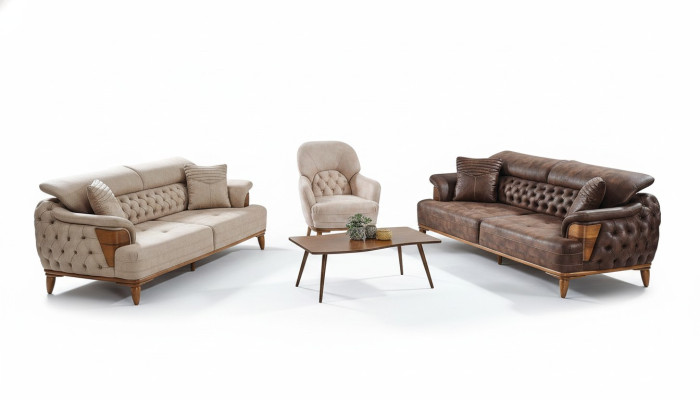 Sofagarnitur 3+3+1 Holz Wohnzimmer Luxus Sofa Chesterfield Stoff Neu Komplett