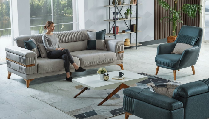 Sofagarnitur 3+1 Sitzer Textil Holz Sofa 3 Sitzer Modern Sessel Komplett Set Neu