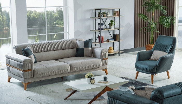Sofagarnitur 3+1 Sitzer Textil Holz Sofa 3 Sitzer Modern Sessel Komplett Set Neu