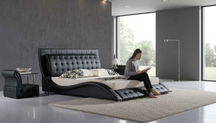 Bett Doppelbett Schwarz Polsterbett Schlafzimmer Modern 180x200