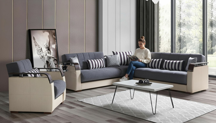 Ecksofa L-Form + Sessel Grau Komplett Wohnzimmer Set 2tlg. Luxus Möbel