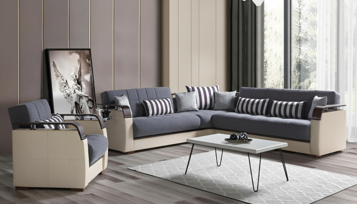 Ecksofa L-Form + Sessel Grau Komplett Wohnzimmer Set 2tlg. Luxus Möbel