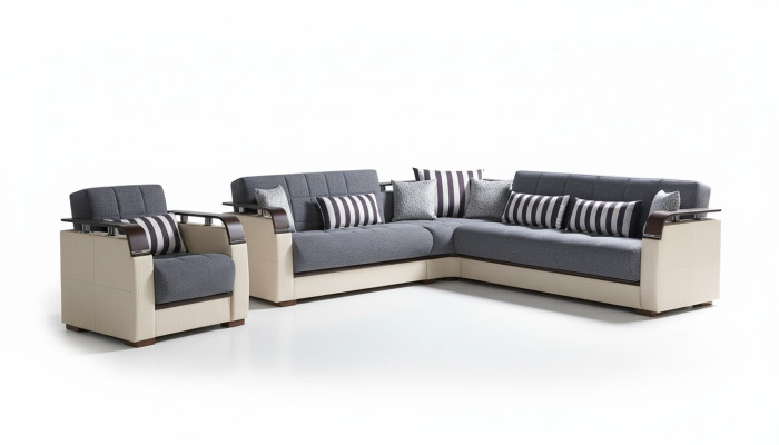 Ecksofa L-Form + Sessel Grau Komplett Wohnzimmer Set 2tlg. Luxus Möbel