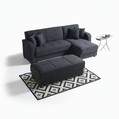 Ecksofa L-Form Hocker Schwarz Komplett Wohnzimmer Set 2tlg. Luxus Möbel