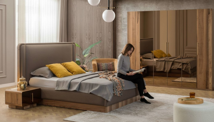 Luxus Schlafzimmer Set Bett + 2x Nachttische+Schrank Holz Komplettes Modern Neu