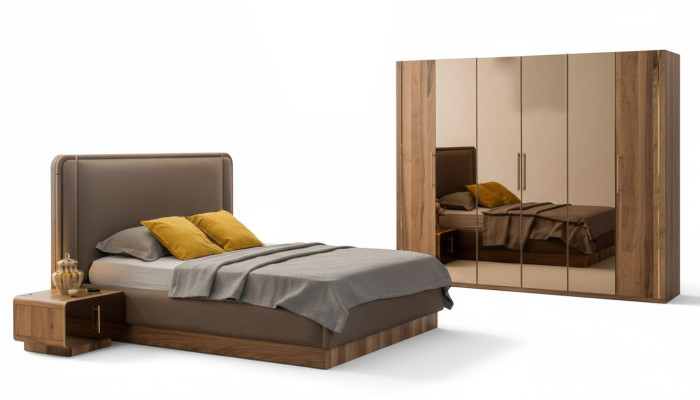 Luxus Schlafzimmer Set Bett + 2x Nachttische+Schrank Holz Komplettes Modern Neu