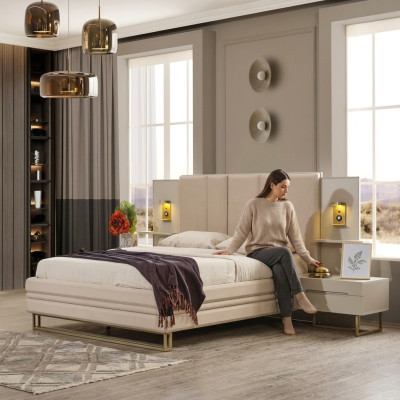 Schlafzimmer Set Luxus Komplettes Beige Bett 2x Nachttische Modern