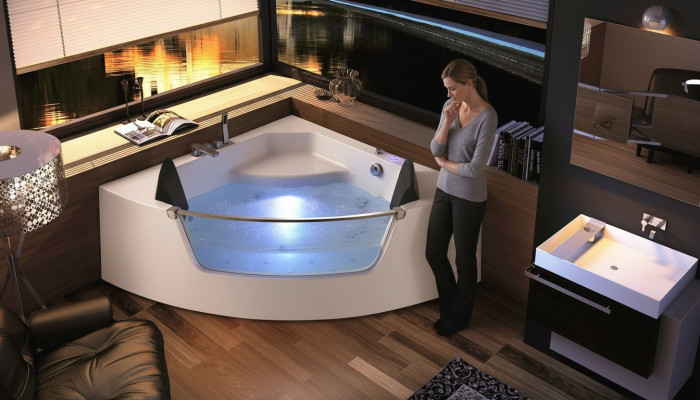 Whirlpool Badewanne Glas LED Licht Armaturen Eckbadewanne Wanne Badewanne