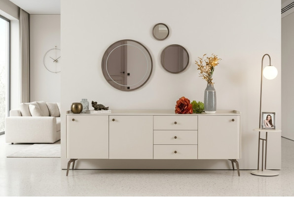 Luxusný biely tvarovaný jedálenský bufet, elegantný bufet