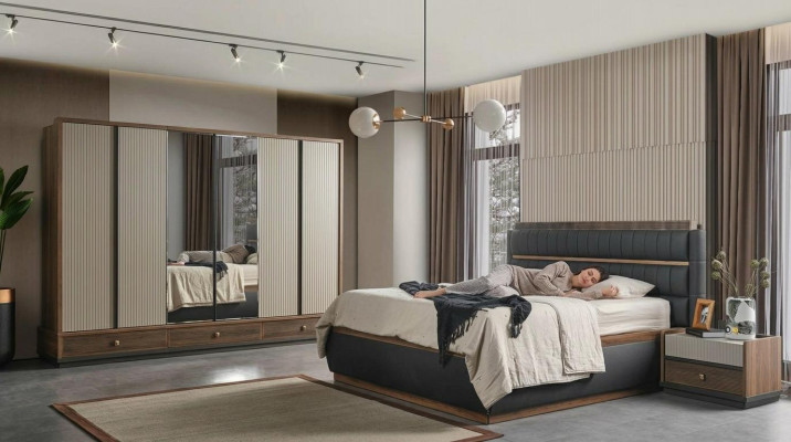 Zweifarbige Schlafzimmer Designer Garnitur Doppelbett Schrank Kommode