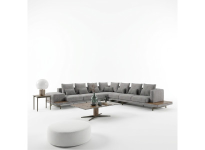 Wohnzimmer Set 3tlg Grau Ecksofa L-Form Holz Couchtisch Designer Beistelltisch