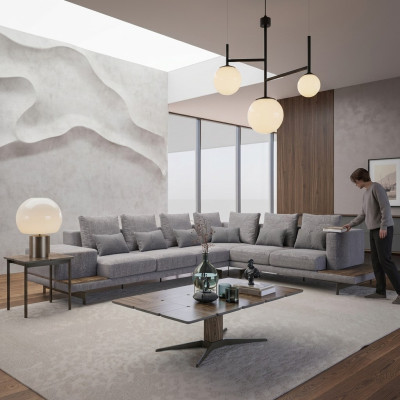 Luxus Grau Polstersofa L-Form Holz Couchtisch mit Beistelltisch Wohnzimmer