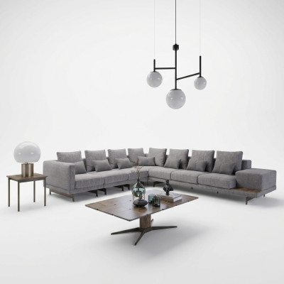 Luxus Set Wohnzimmer Textil Polstersofa L-Form Holz Couchtisch mit Beistelltisch