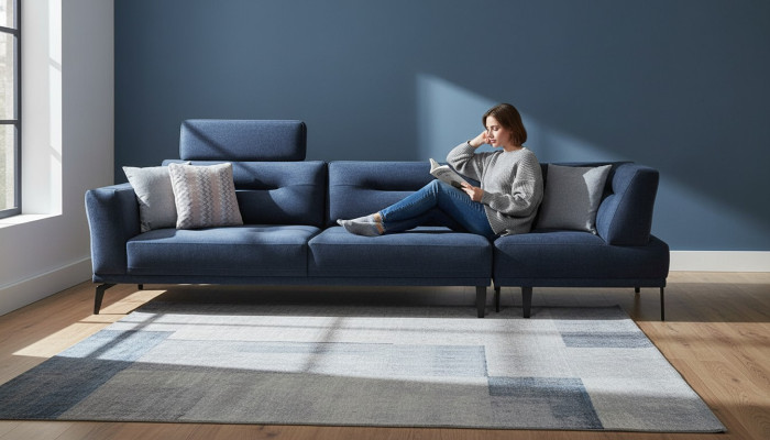  Modern 4-Sitzer Massive Luxus Sofa Blau Wohnzimmer Stoffsofa Design Modern