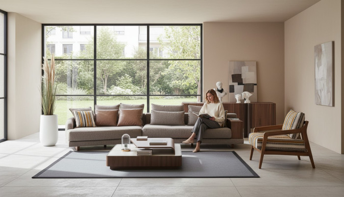 Exklusive Wohnzimmer Couchgarnitur Stoffsofa Holz Couchtisch Sideboard