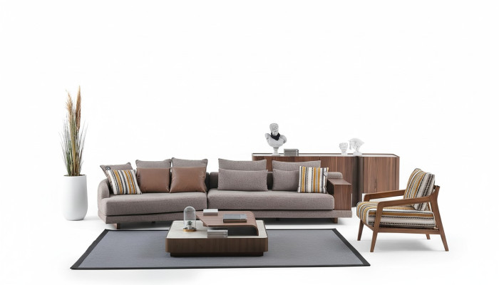 Exklusive Wohnzimmer Couchgarnitur Stoffsofa Holz Couchtisch Sideboard