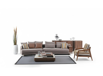 Exklusive Wohnzimmer Couchgarnitur Stoffsofa Holz Couchtisch Sideboard