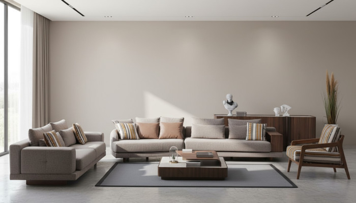 Graue Wohnzimmer Sofas Stoffsofas Designer Sessel Holz Couchtisch 5tlg.
