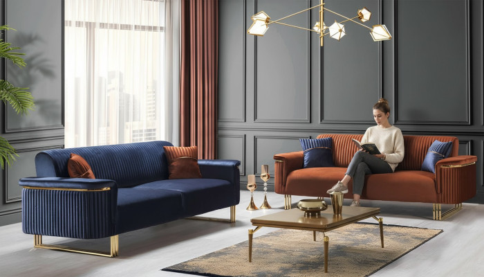 Blau-Oranges Wohnzimmer Sofa-Set Designer Stoffsofas Moderne Möbel 2tlg