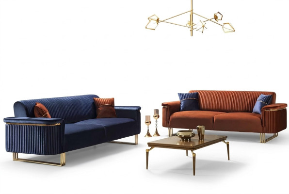 Blau-Oranges Wohnzimmer Sofa-Set Designer Stoffsofas Moderne Möbel 2tlg