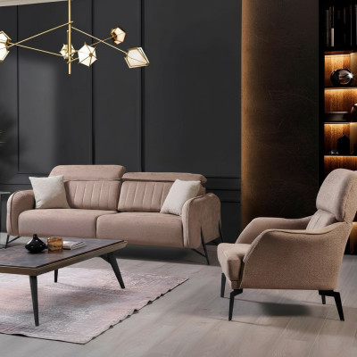 Beiges Wohnzimmer Stoffsofa Luxuriöser Sessel 3-Sitzer Einsitzer 2tlg