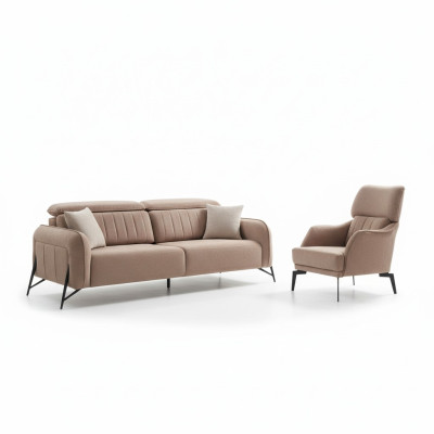 Beiges Wohnzimmer Stoffsofa Luxuriöser Sessel 3-Sitzer Einsitzer 2tlg