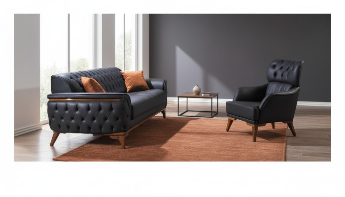 Schwarze Chesterfield Designer Garnitur Luxus Ledersofa Designer Sessel