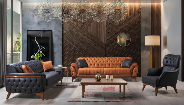 Schwarz-Orange Chesterfield Sofagarnitur Wohnzimmer Couchen Sessel 4tlg