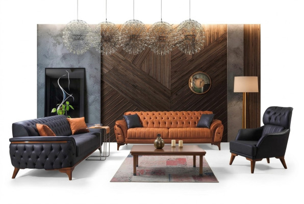 Schwarz-Orange Chesterfield Sofagarnitur Wohnzimmer Couchen Sessel 4tlg
