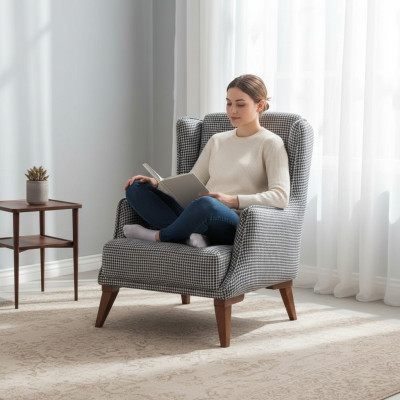 Grauer Karierter Einsitzer Moderner Wohnzimmer Einsitzer Luxus Möbel
