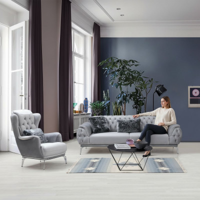 Wohnzimmer-Set 2tlg. Sofa mit Sessel Chesterfield Design Modern Textil