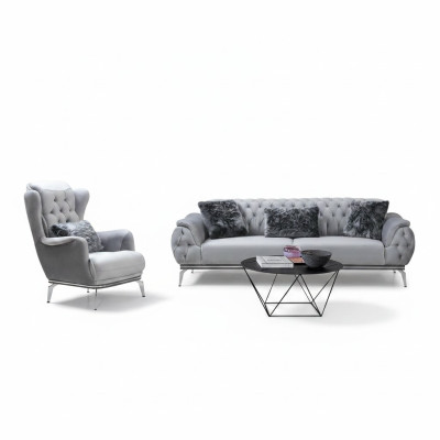 Wohnzimmer-Set 2tlg. Sofa mit Sessel Chesterfield Design Modern Textil